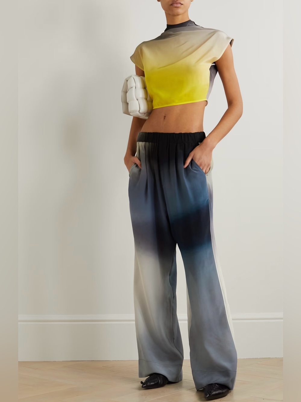 GAUCHERE Cropped Draped Cutout Ombre Silk Satin Top + Pleated Ombre Pants